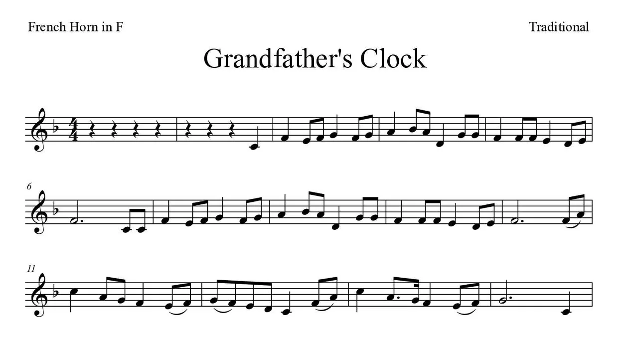 Bladmuziek van Grandfather's Clock voor French horn, eerste regels