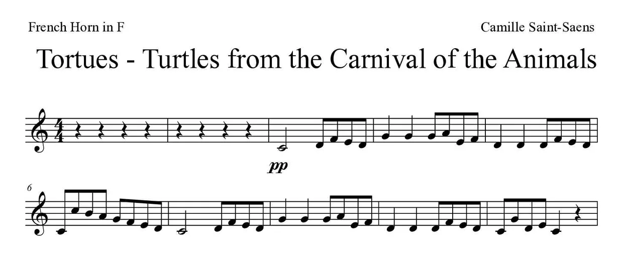 Partitura de Tortues - Turtles from the Carnival of the Animals para trompa, primeiras linhas