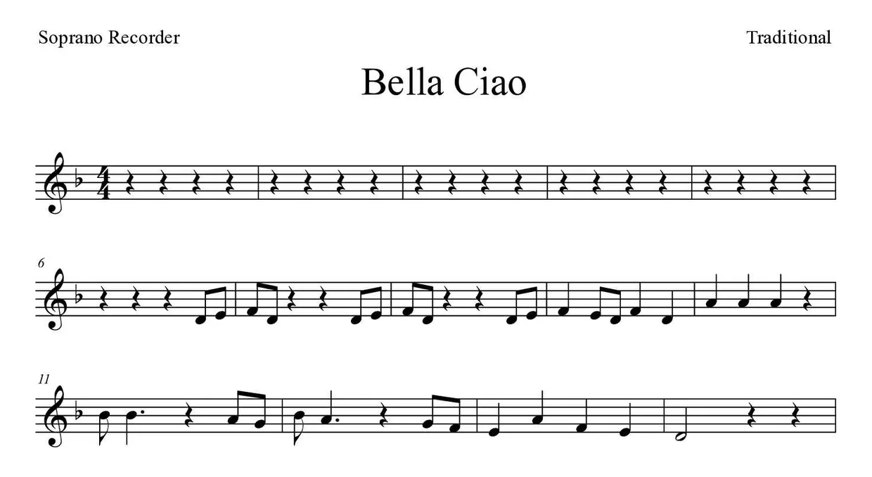 Partitura de Bella Ciao para flauta dulce, primeras líneas