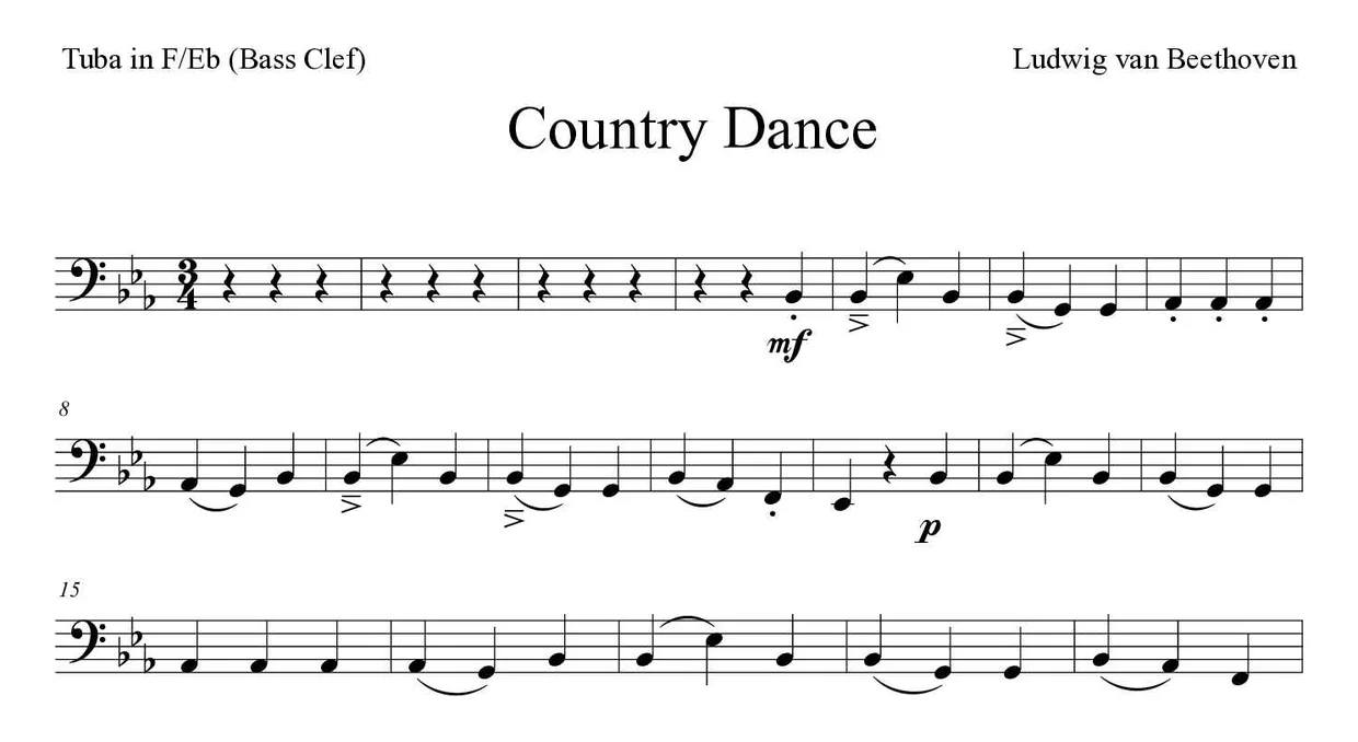 Partitura de Country Dance para tuba em Fá/Mib (clave de Fa), primeiras linhas