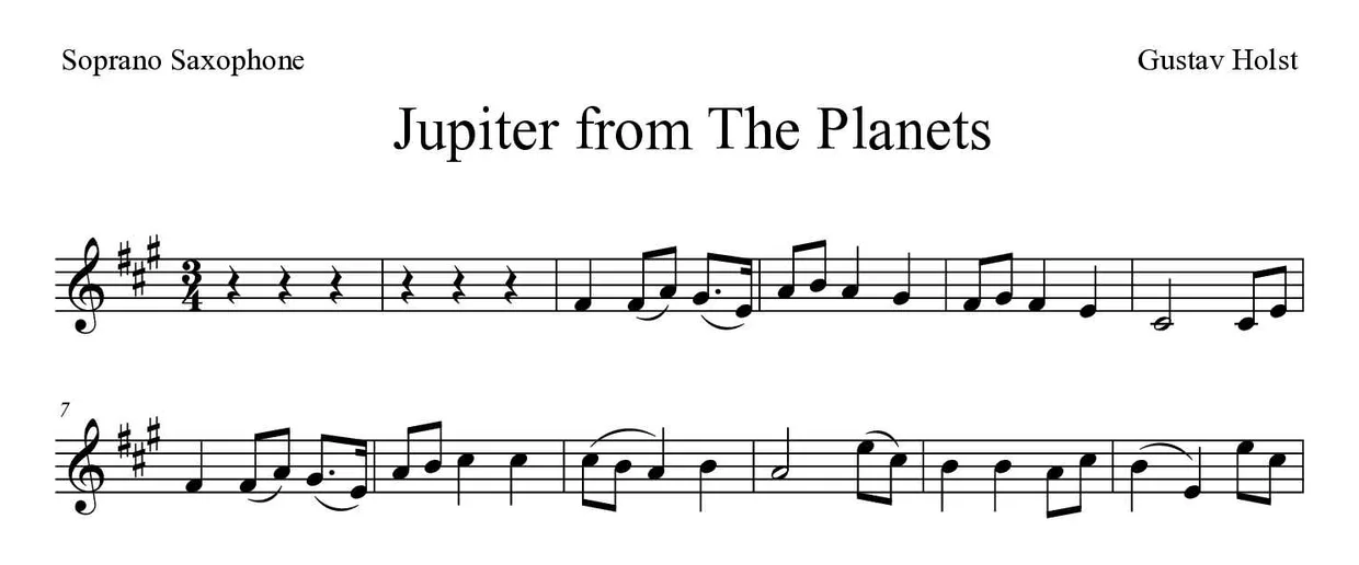 Partitura de Jupiter from The Planets para saxofón soprano, primeras líneas