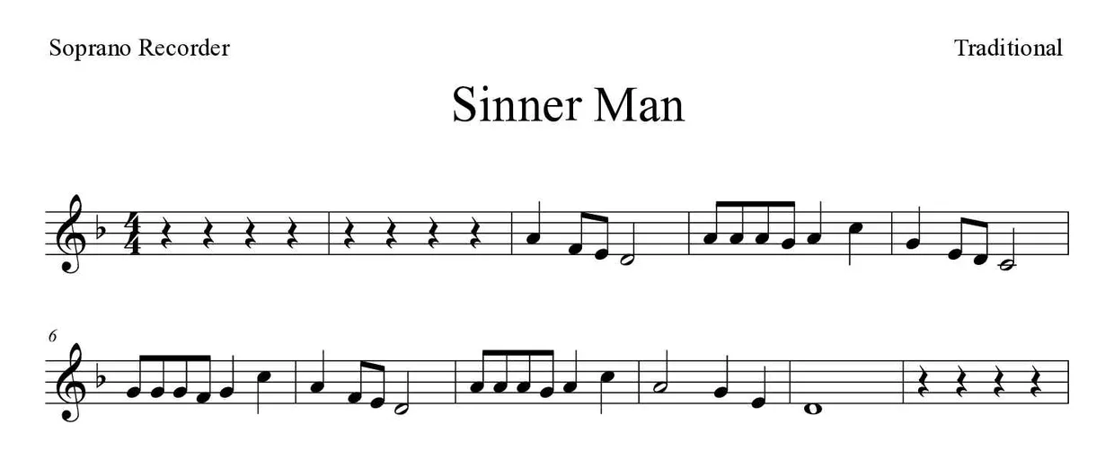 Partitura de Sinner Man para flauta de bisel, primeiras linhas