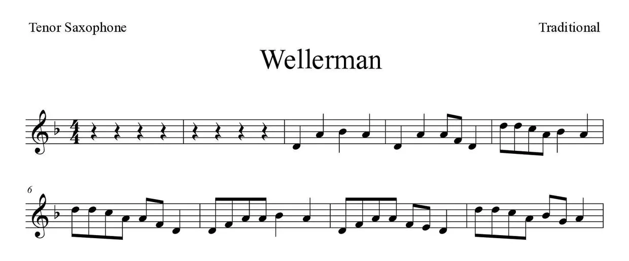Partitura de Wellerman para saxofone tenor, primeiras linhas