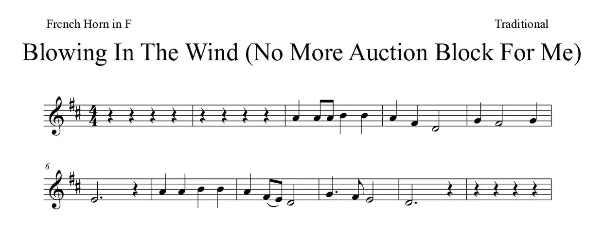 Partitura de Blowing In The Wind (No More Auction Block For Me) para trompa, primeiras linhas