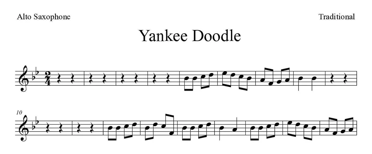 Partitura de Yankee Doodle para alto saxofone, primeiras linhas
