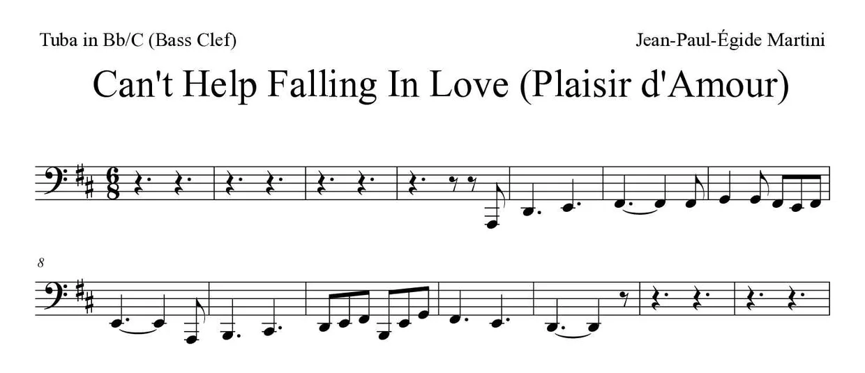 Spartito di Can't Help Falling In Love (Plaisir d'Amour) per tuba in Bb/C (bass clef), prime righe