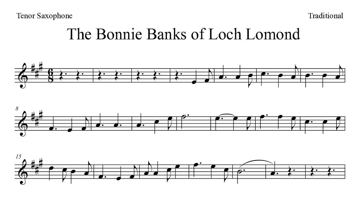 Spartito di The Bonnie Banks of Loch Lomond per tenor saxophone, prime righe