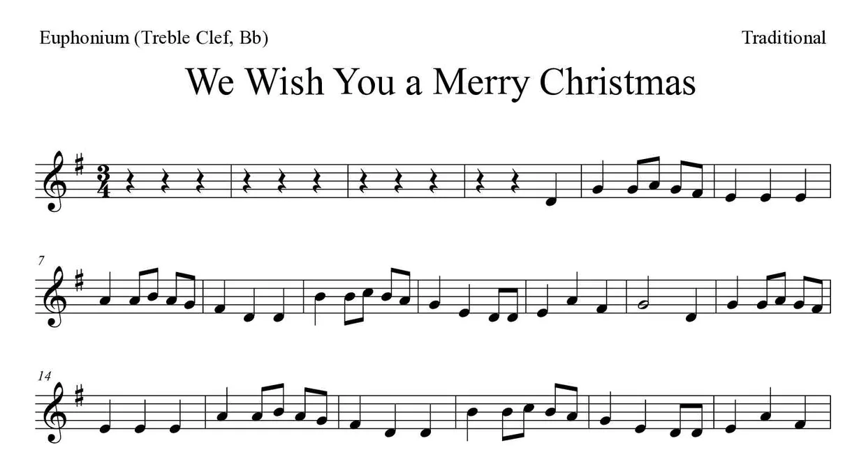 Noten von We Wish You a Merry Christmas für Euphonium (Violinschlüssel, B) (Mittel), erste Zeilen
