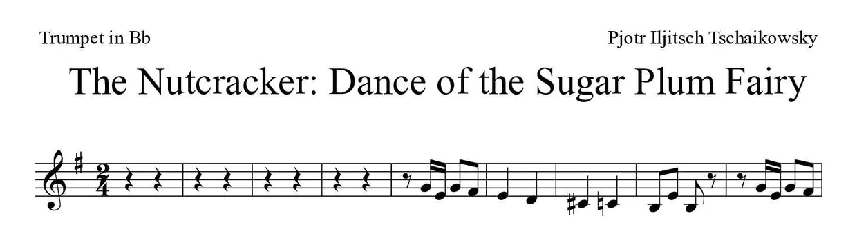 Sheet music of The Nutcracker: Dance of the Sugar Plum Fairy for trumpet in Bb (Medium), first lines