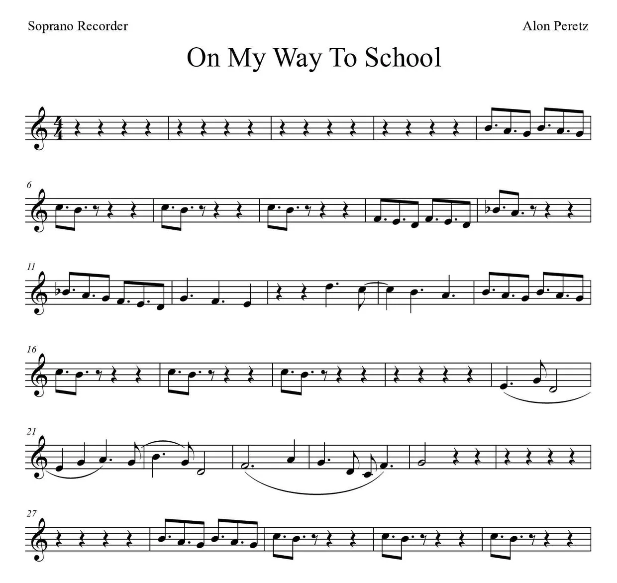Sheet music of On My Way To School for recorder (Medium), first lines