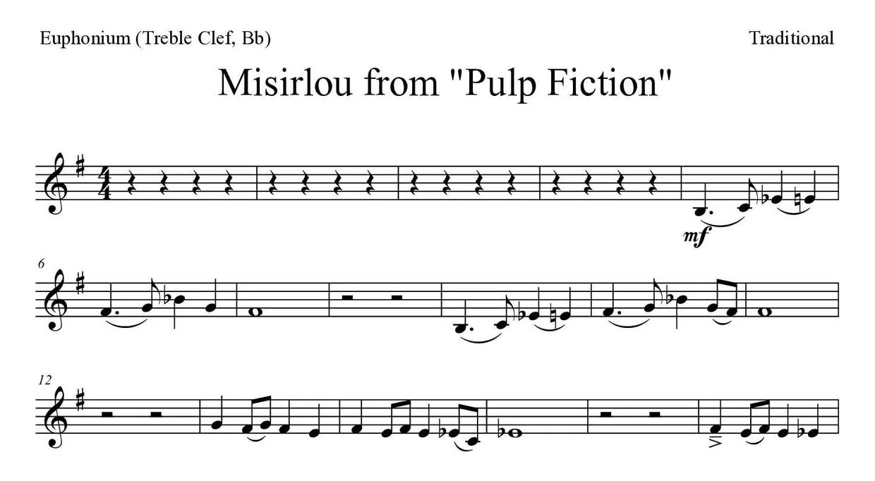 ‘Misirlou from "Pulp Fiction"’ Euphonium (Treble Clef, Bb) 악보의 첫 몇 줄