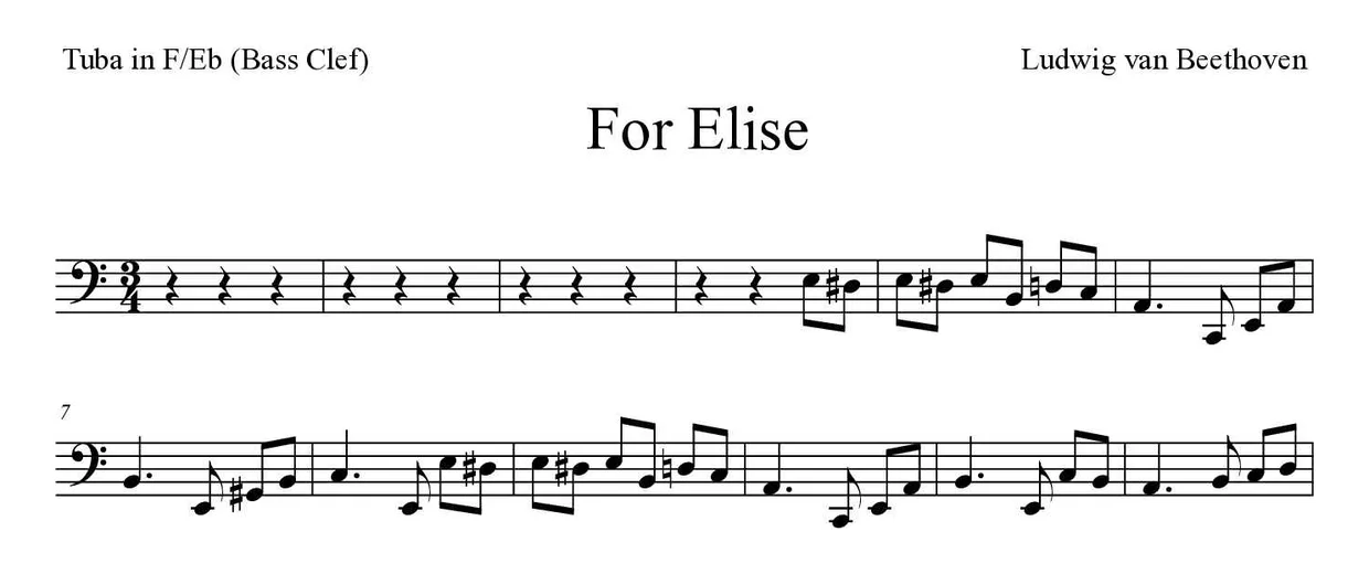 Partitura de For Elise para tuba en Fa/Mib (clave de Fa), primeras líneas