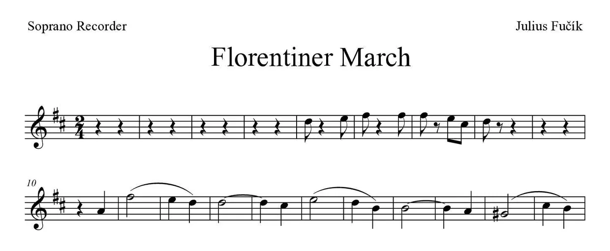 Spartito di Florentiner March per recorder, prime righe