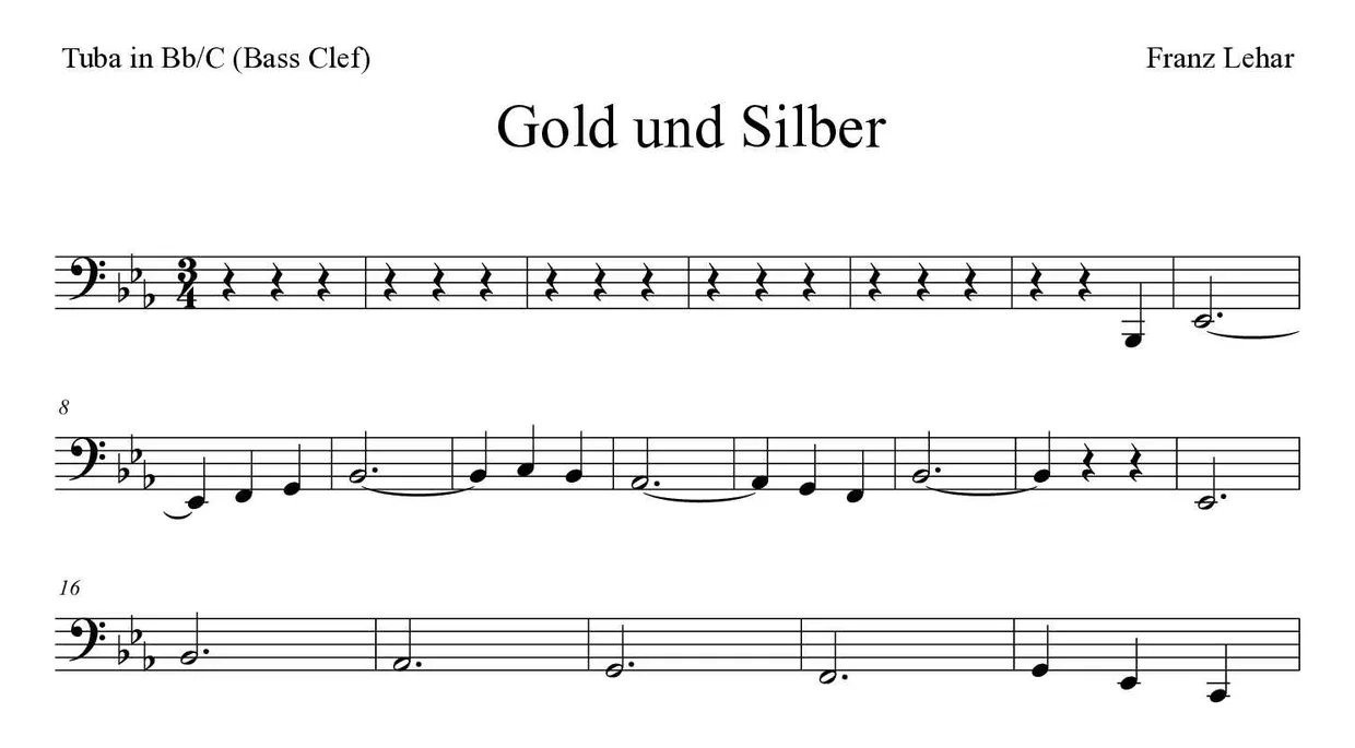 Noten von Gold und Silber für Tuba in B/C (Bassschlüssel) (Mittel), erste Zeilen