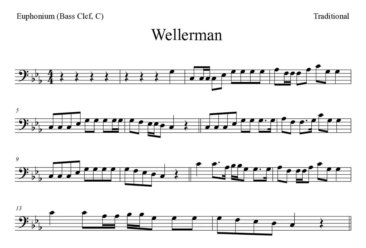 Partitura de Wellerman para bombardino (clave de Fa, C), primeras líneas