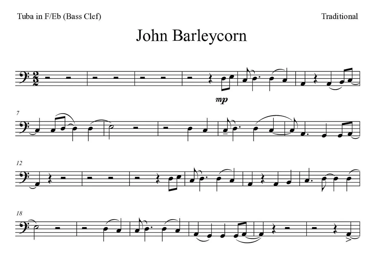 Sheet music of John Barleycorn for tuba in F/Eb (bass clef) (Expert), first lines