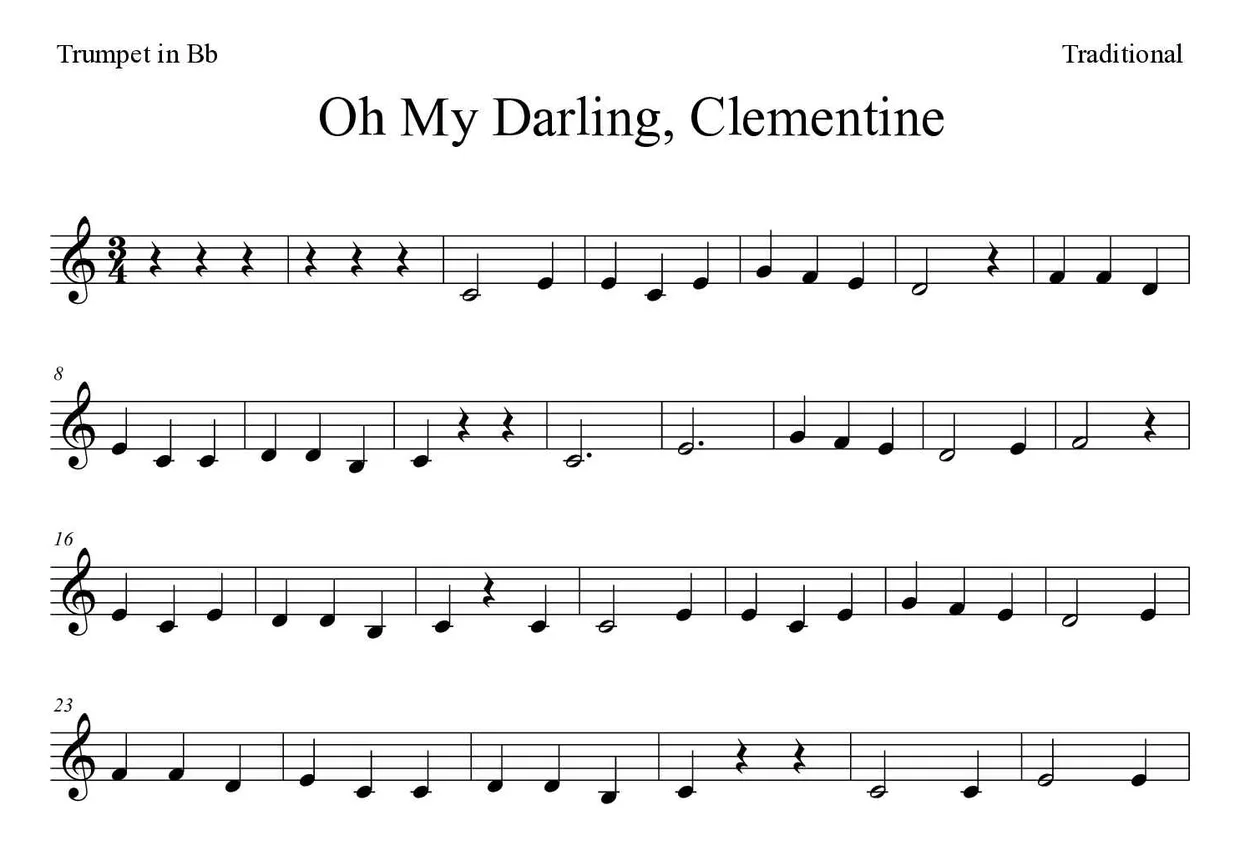 Partition de Oh My Darling, Clementine pour trompette en si bémol, premières lignes