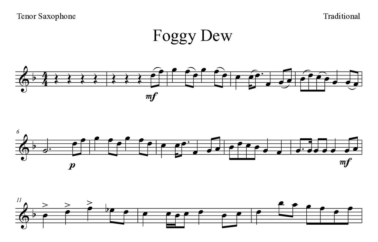 Noten von Foggy Dew für Tenorsaxophon (Mittel), erste Zeilen