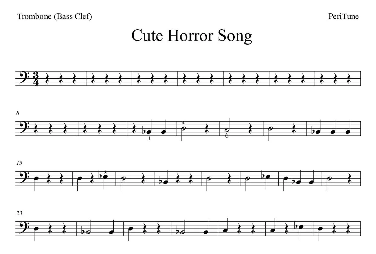 「Cute Horror Song」Trombone用楽譜の最初の数段