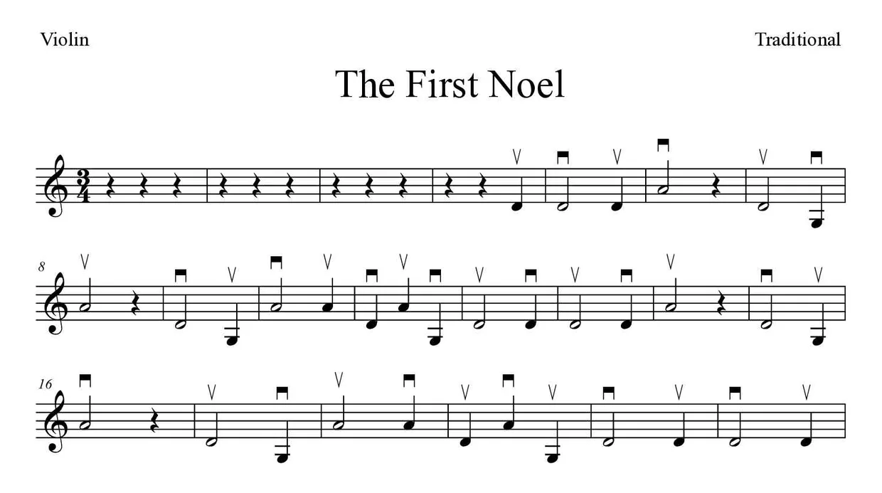 Partitura de The First Noel para violín, primeras líneas