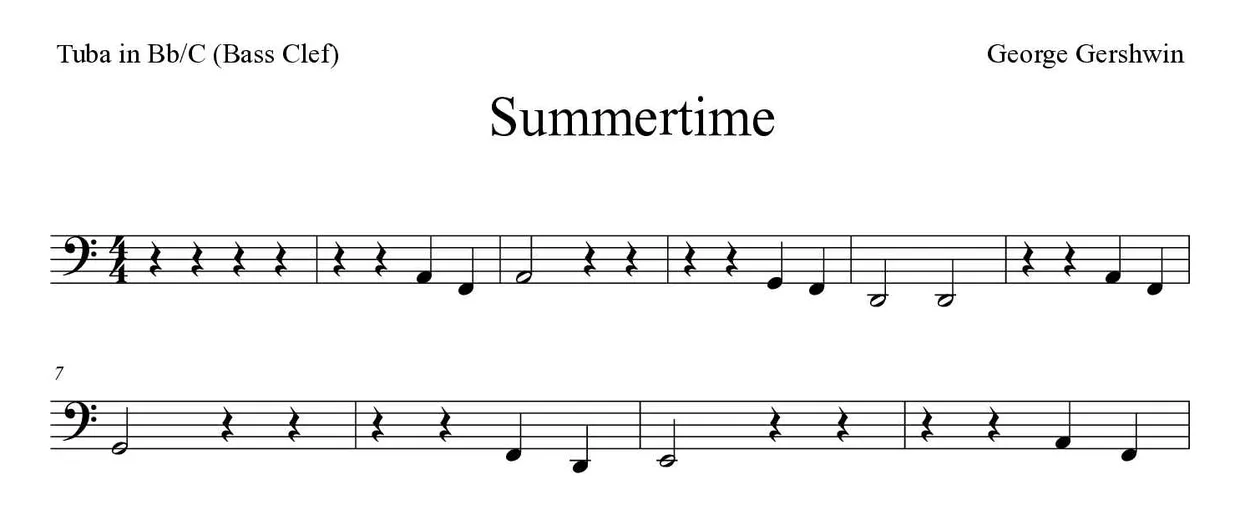 Sheet music of Summertime for tuba in Bb/C (bass clef) (Easy), first lines