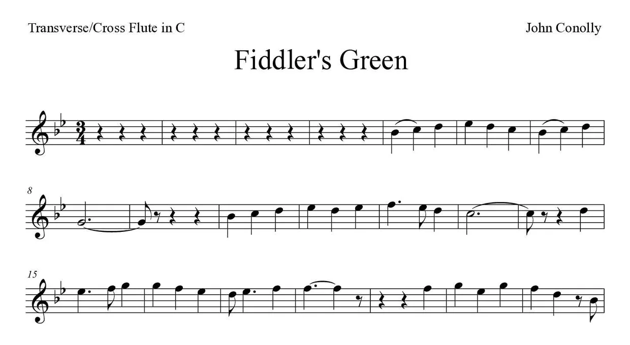 Sheet music of Fiddler's Green for flute (Medium), first lines