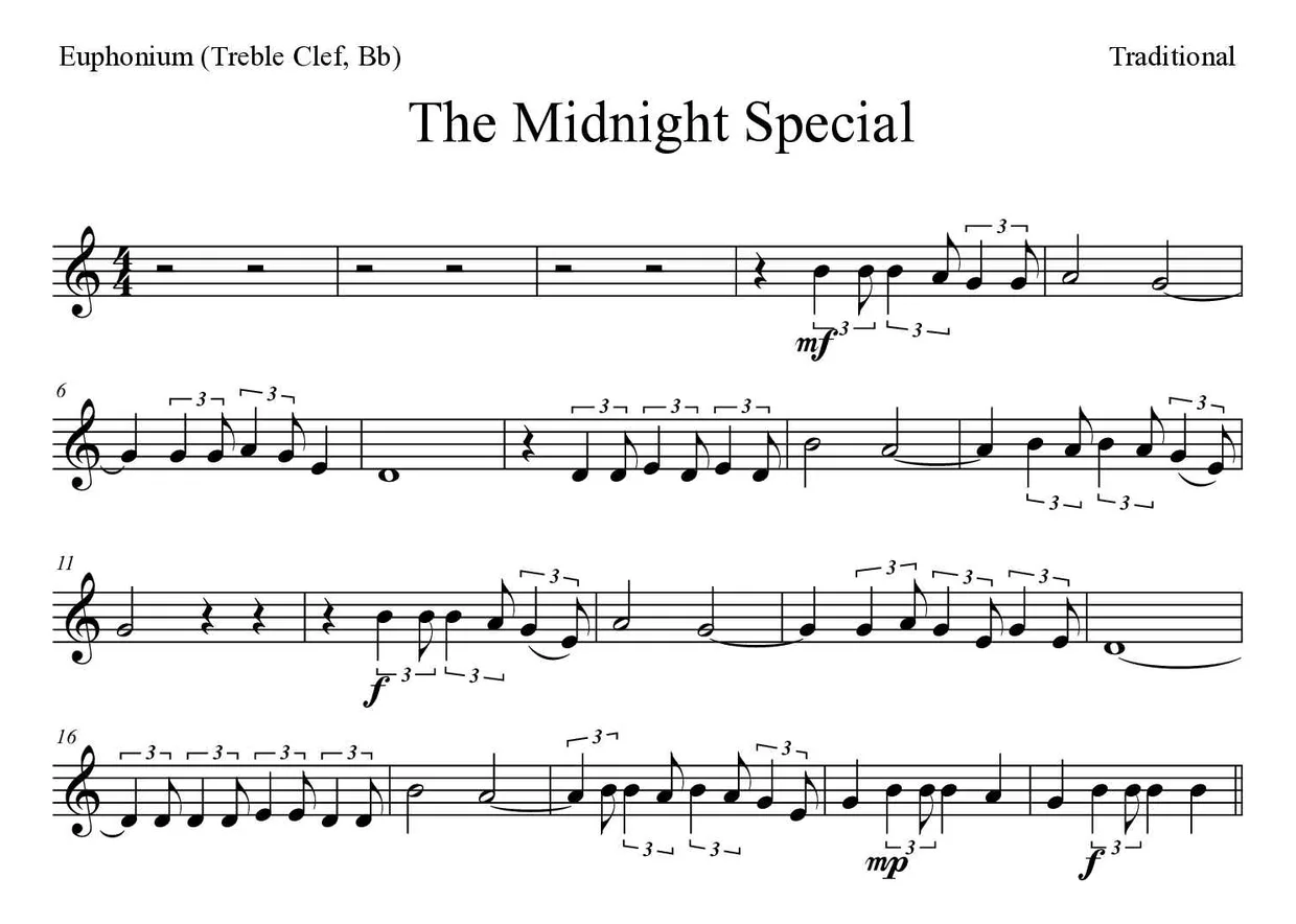 Noten von The Midnight Special für Euphonium (Violinschlüssel, B) (Schwer), erste Zeilen