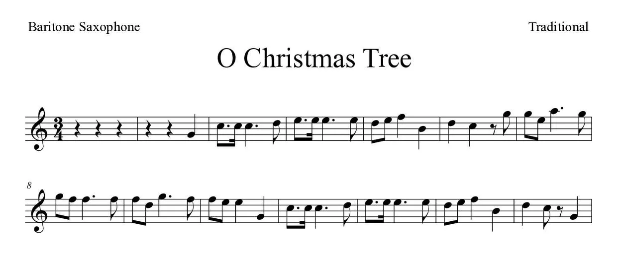 Noten von O Tannenbaum für Baritonsaxophon (Mittel), erste Zeilen