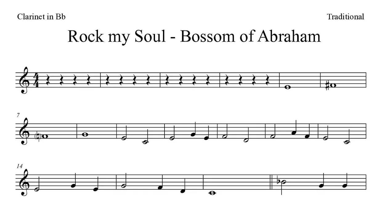 「Rock my Soul - Bossom of Abraham」Clarinet用楽譜の最初の数段