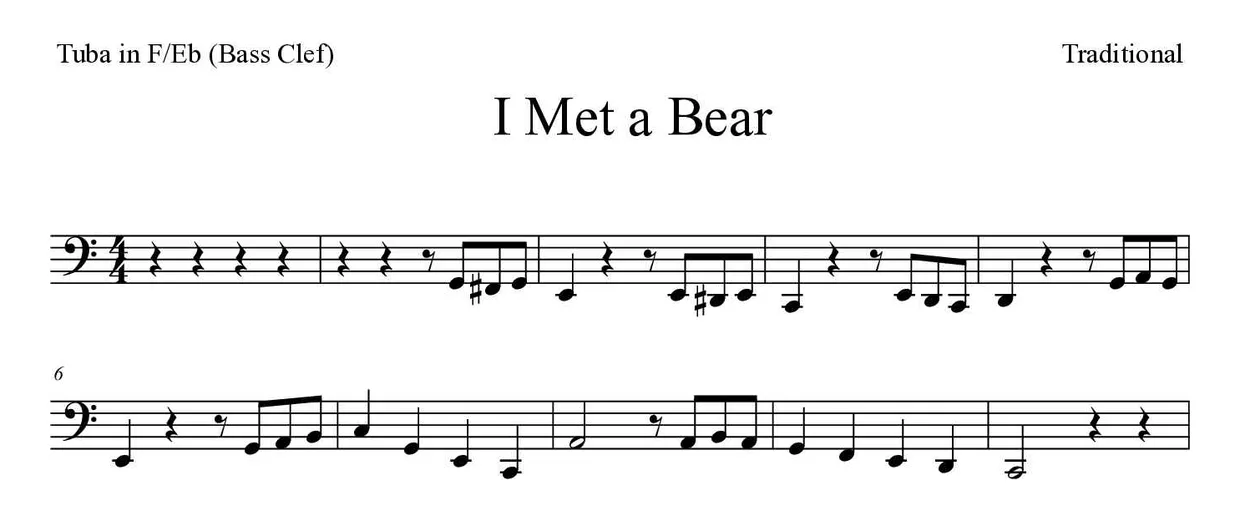 ‘I Met a Bear’ Tuba in F/Eb (Bass Clef) 악보의 첫 몇 줄