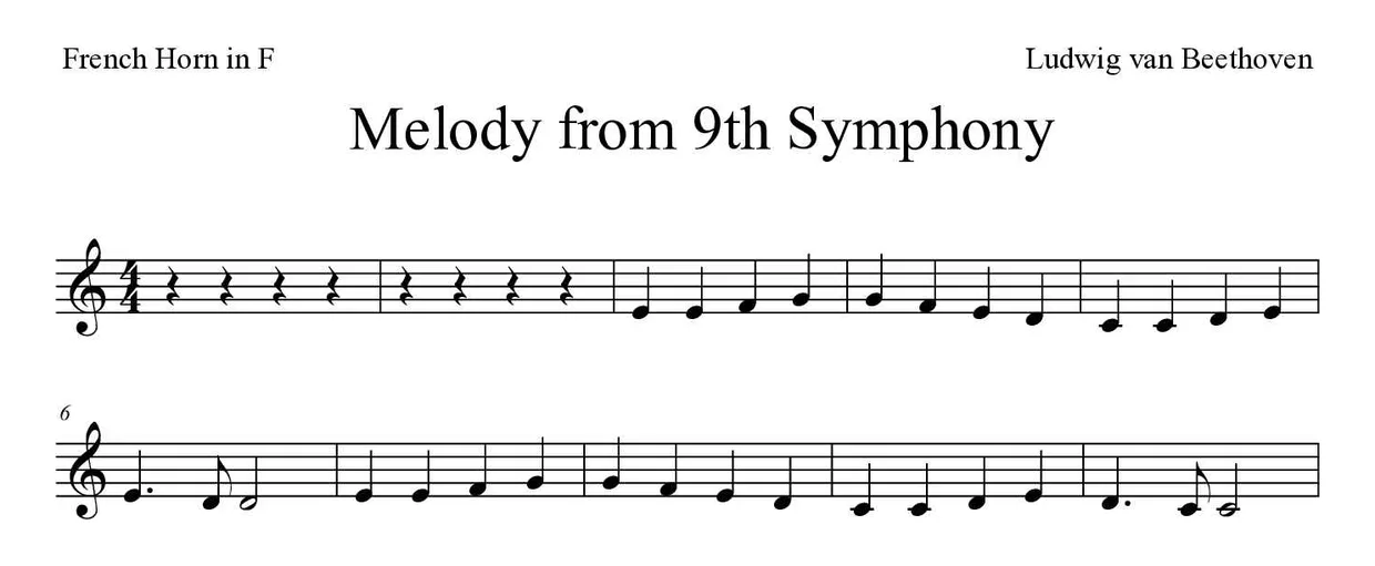 「Melody from 9th Symphony」French Horn用楽譜の最初の数段