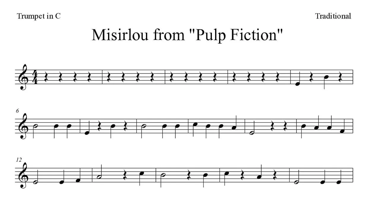 Partitura de Misirlou from "Pulp Fiction" para trompeta en Do, primeras líneas