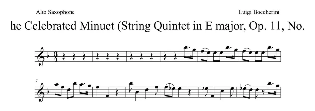 Bladmuziek van The Celebrated Minuet (String Quintet in E major, Op. 11, No. 5) voor alto saxophone, eerste regels