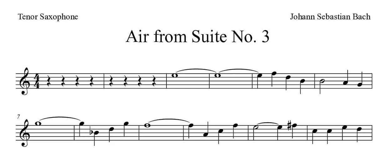 「Air from Suite No. 3」Tenor Saxophone用楽譜の最初の数段