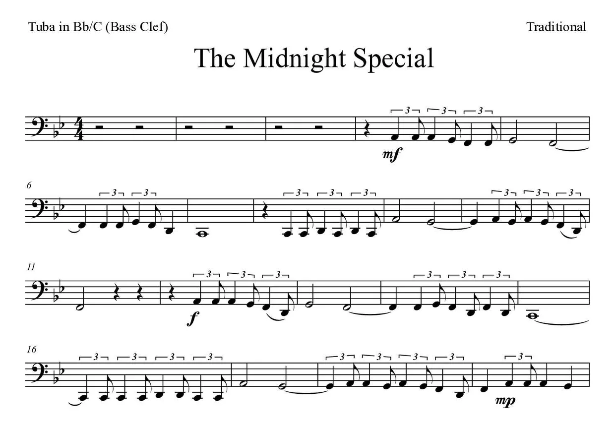 Partitura de The Midnight Special para tuba em Sib/Do (clave de Fa), primeiras linhas