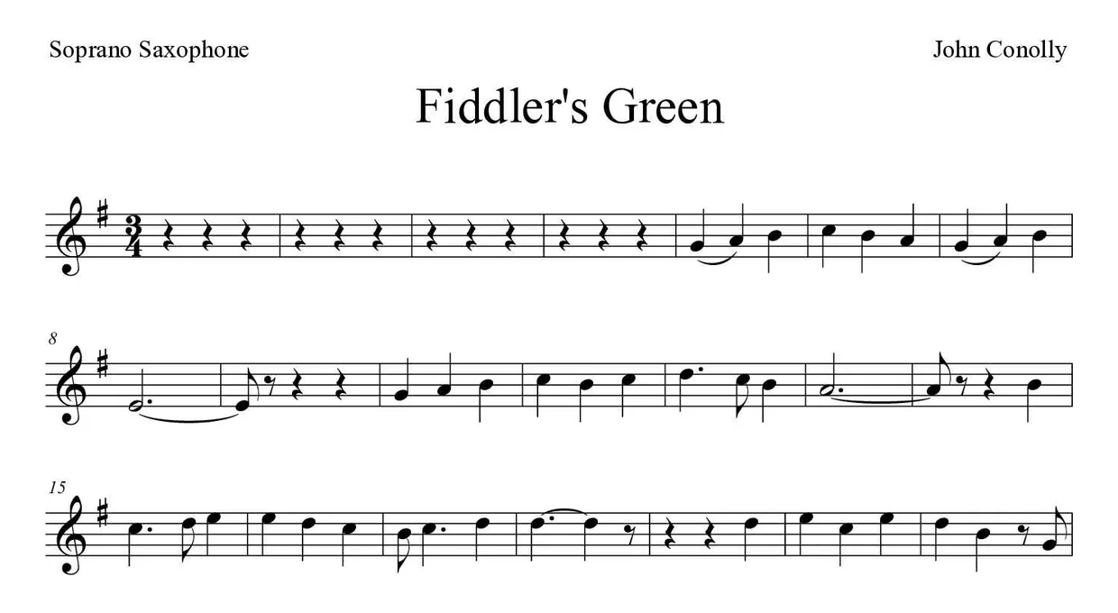 「Fiddler's Green」Soprano Saxophone用楽譜の最初の数段