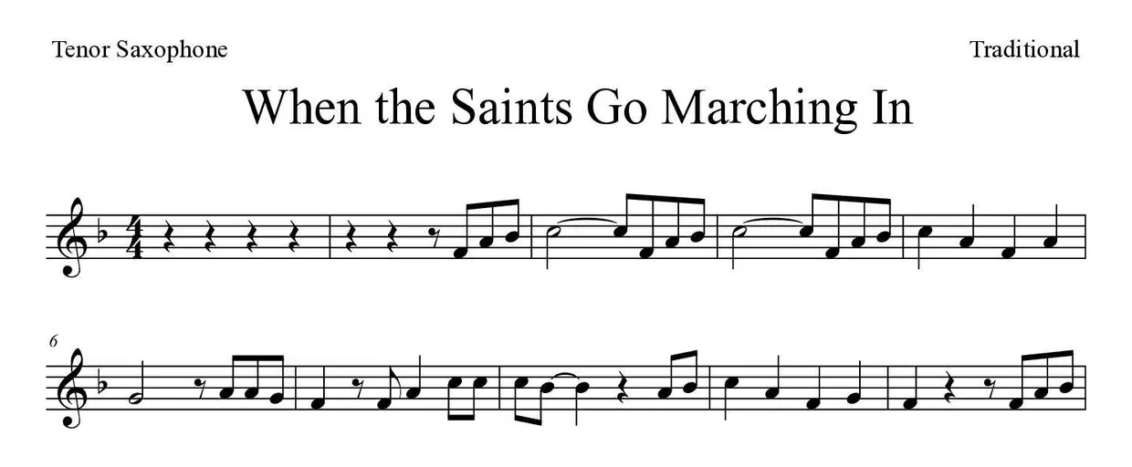 ‘When the Saints Go Marching In’ Tenor Saxophone 악보의 첫 몇 줄