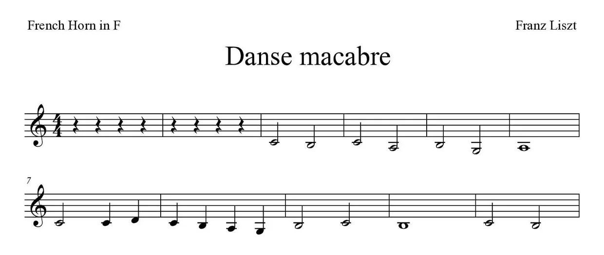Partitura de Danse macabre para trompa, primeras líneas
