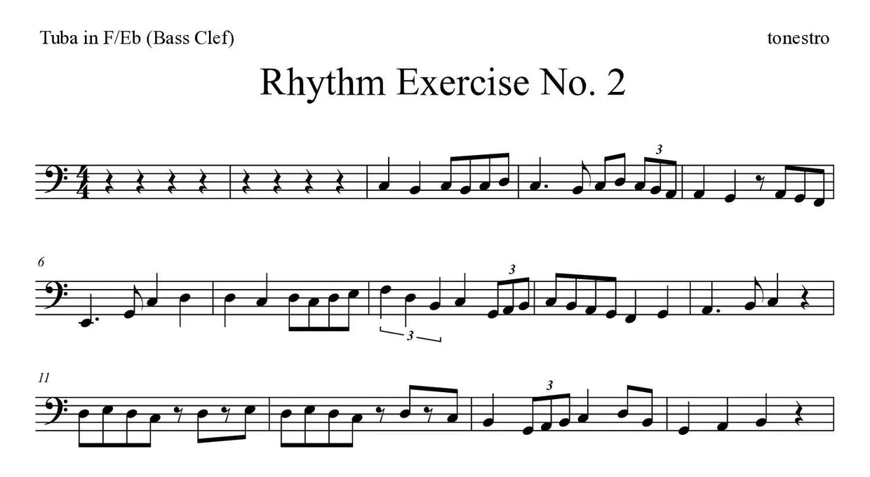 Sheet music of Rhythm Exercise No. 2 for tuba in F/Eb (bass clef) (Hard), first lines