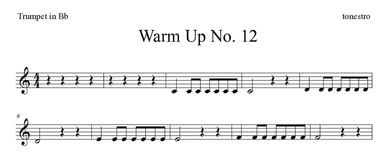 Bladmuziek van Warm Up No. 12 voor trumpet in Bb, eerste regels
