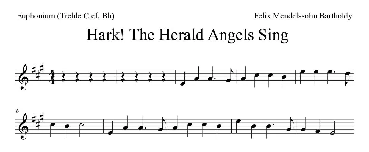 Partitura de Hark! The Herald Angels Sing para eufónio (clave de Sol, Sib), primeiras linhas