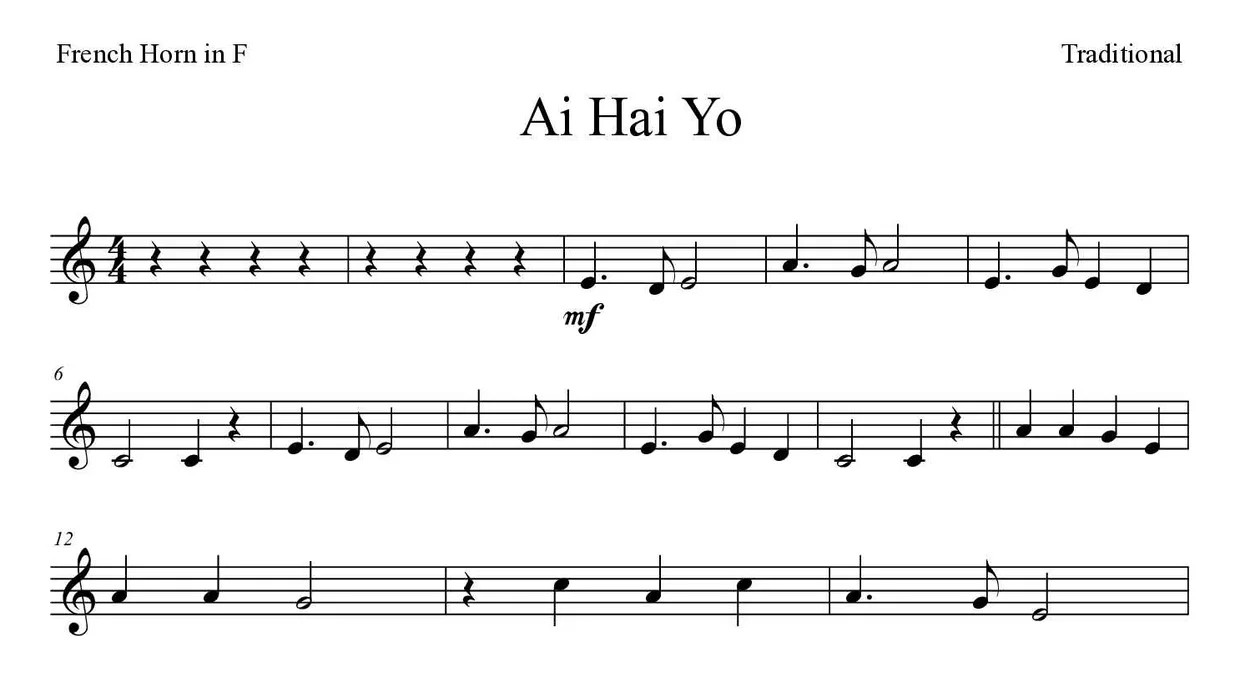 「Ai Hai Yo」French Horn用楽譜の最初の数段