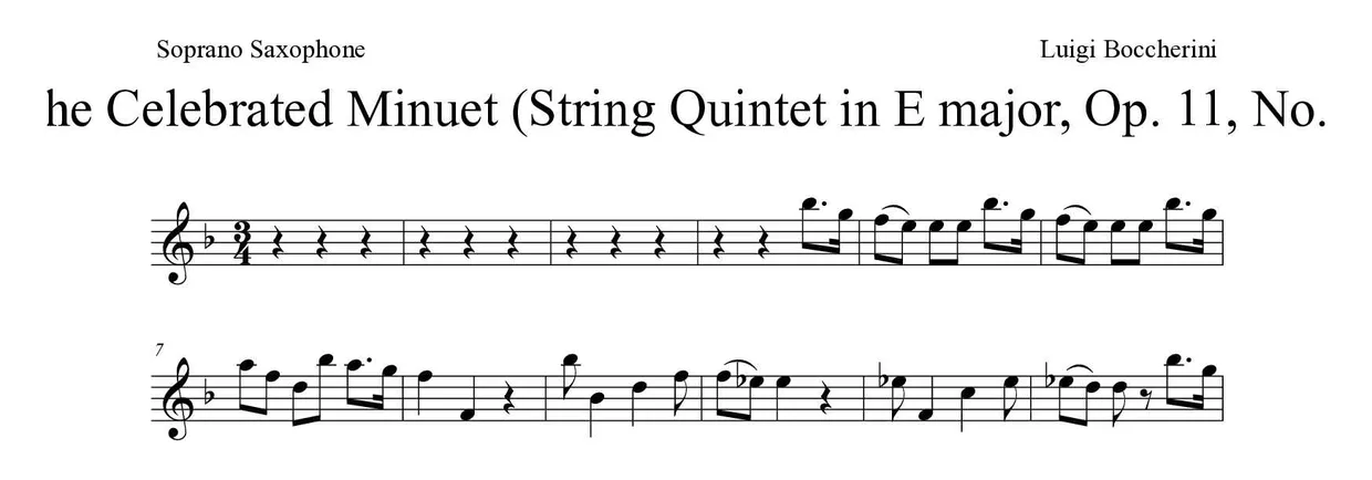 Bladmuziek van The Celebrated Minuet (String Quintet in E major, Op. 11, No. 5) voor soprano saxophone, eerste regels