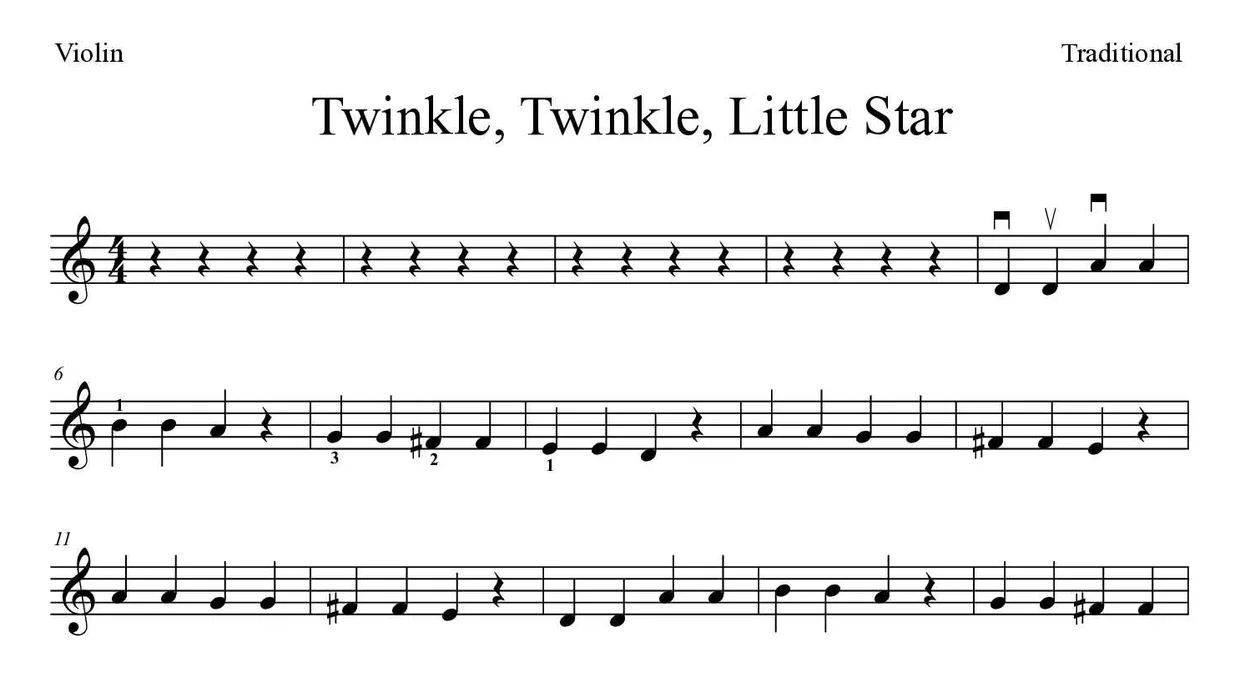 Noten von Twinkle, Twinkle, Little Star für Geige (Mittel), erste Zeilen