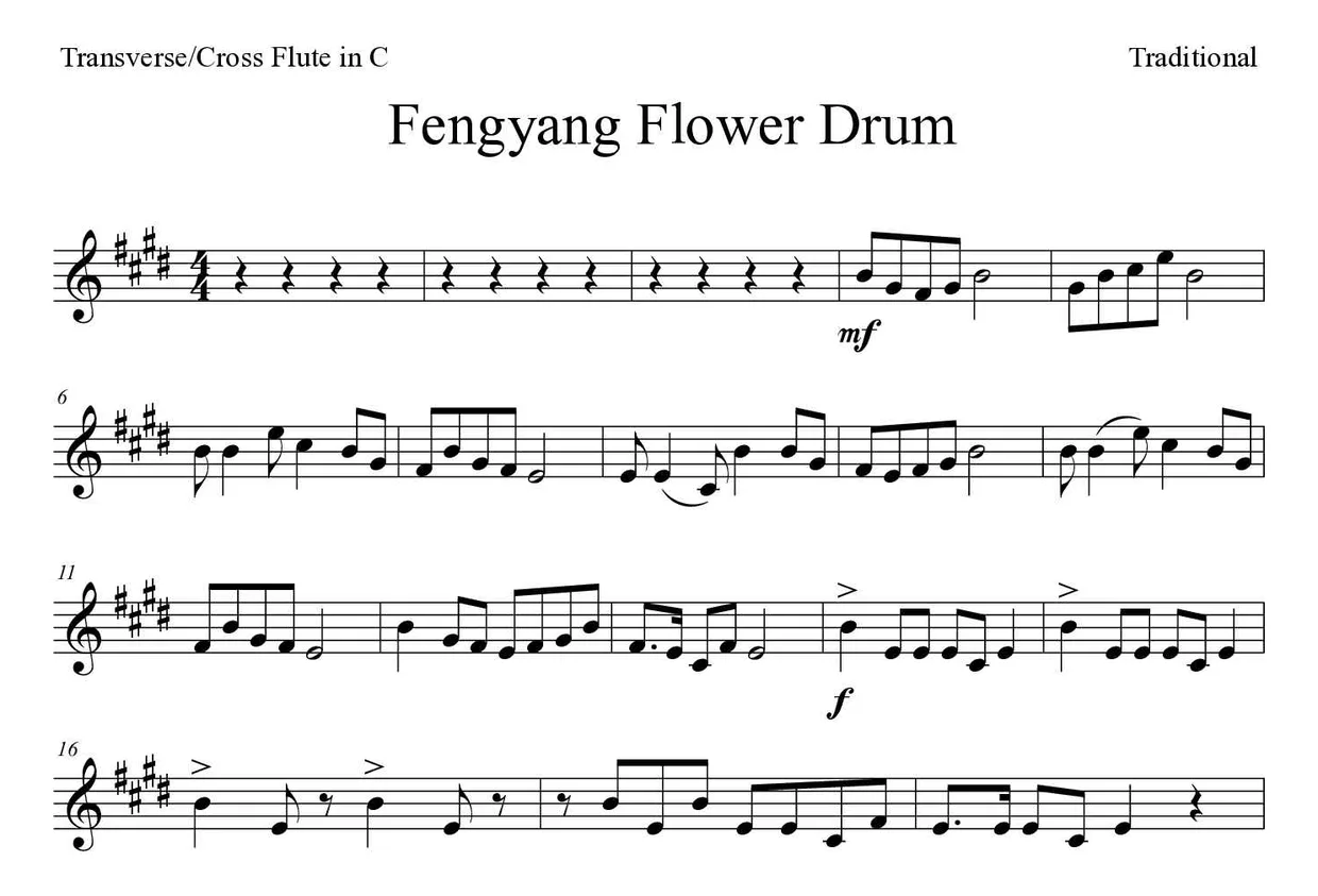 Noten von Fengyang Flower Drum für Querflöte (Schwer), erste Zeilen