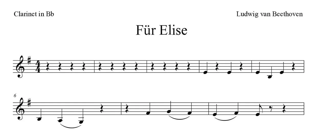 Partitura de Für Elise para clarinete, primeras líneas