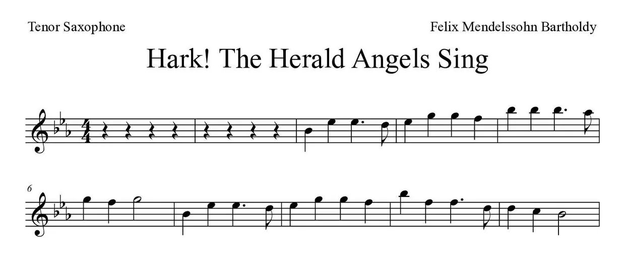 Partitura de Hark! The Herald Angels Sing para saxofón tenor, primeras líneas