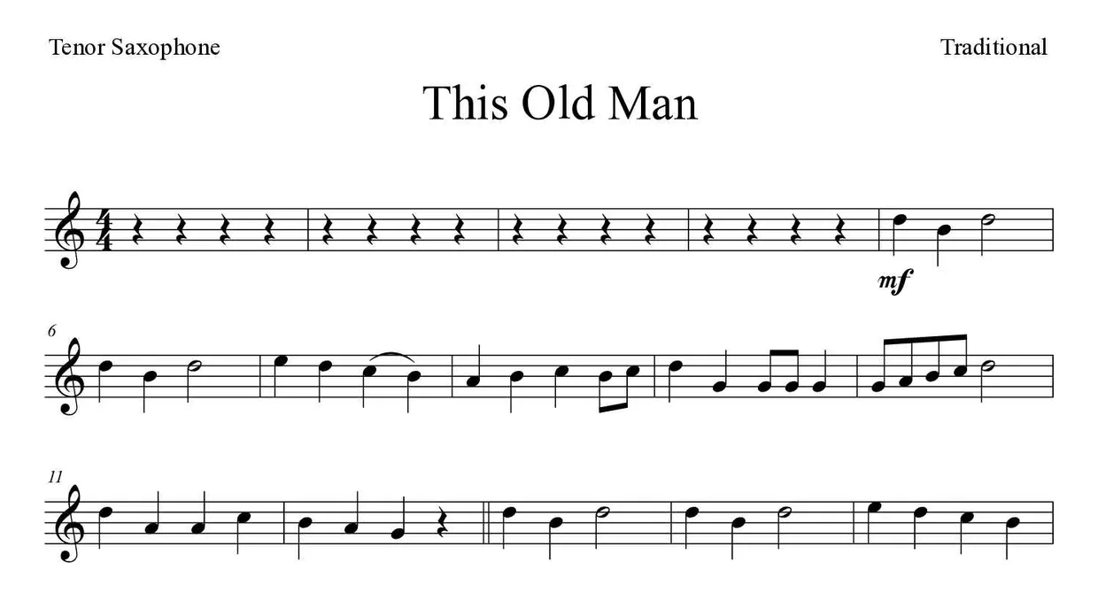 Partitura de This Old Man para saxofone tenor, primeiras linhas