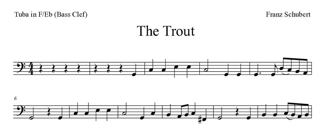 Sheet music of The Trout for tuba in F/Eb (bass clef) (Medium), first lines