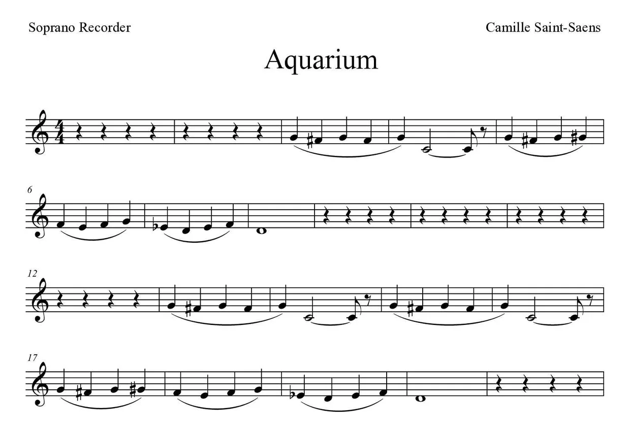 Partitura de Aquarium para flauta de bisel, primeiras linhas